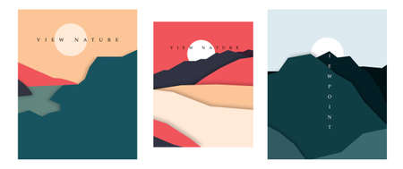 Natural landscape poster Abstract Geometric Mountain And Wave Banner Travel vector illustration postcard and adventure flyer with natural curve shape.のイラスト素材
