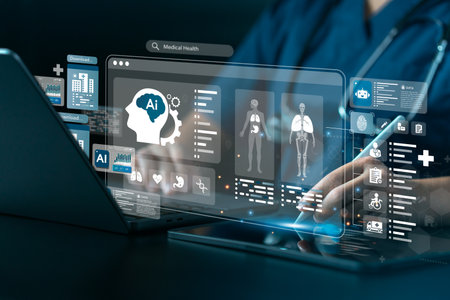 Medical technology with AI system on desktop computer screen. Concept of EMR electronic health monitoring system. Doctors use digital tablet to search electronic health information and network connection.の写真素材