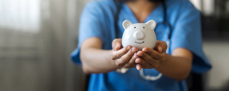 Nurse or doctor with stethoscope holding piggy bank in hand. Concept of medical expenses, finance, saving money, health insurance, medicine, donation and pension. Healthcare service cost.の写真素材