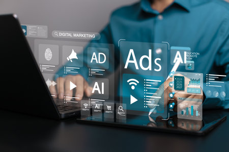 Online sales concept of digital marketing, ad, product ads, promotion of products or services through digital tools. Businessman standing and choosing to use the Ads mode on the display screenの写真素材