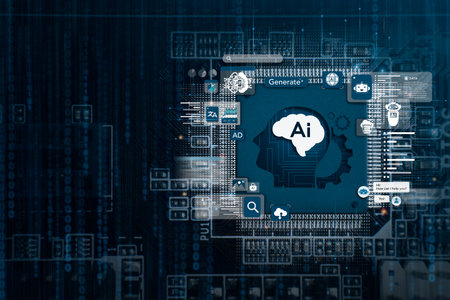 AI: The concept of controlling technology tools, artificial intelligence, intelligent robots, the development of artificial ethics chips. Future global artificial intelligence science and technology.の写真素材