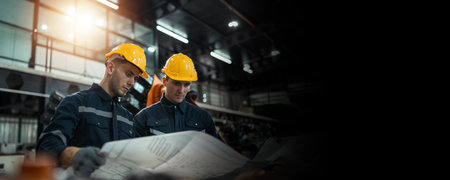 Male engineers in hard hats discussing in machinery factory to troubleshoot robot malfunction system. Robotic arm inspection in assembly plant. advanced engineering concept.の写真素材