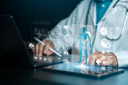 Medical technology: Doctors using advanced AI technology. Virtual medical tools and technology advancements. Artificial intelligence. AI deep learning. Medical research. Future technological precisionの写真素材