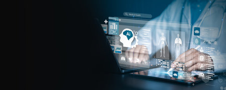Medical technology: Doctors using advanced AI technology. Virtual medical tools and technology advancements. Artificial intelligence. AI deep learning. Medical research. Future technological precisionの写真素材