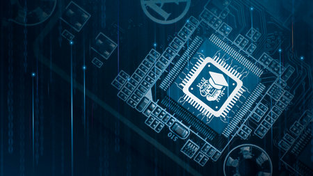 Artificial intelligence and education technology concept. Education icons on Ai computer chip. Learning in future education. Modern digital learning. New skills development curriculum. E-learning.の写真素材