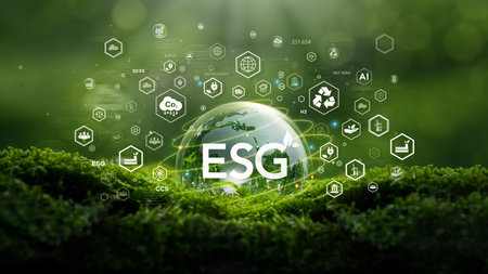 ESG concept for environmental, social, and governance in sustainable and ethical business. Crystal earth on moss in forest with environmental icons. Keep the world clean. Earth Day and ecology.の写真素材