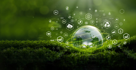 Crystal ball on moss with icons in green forest - environment esg concept, ecology and sustainable environment of the world. Eco-friendly green business. ecology, earth day, csr and net zeroの写真素材