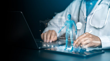 Medical technology: Doctors using advanced AI technology. Virtual medical tools and technology advancements. Artificial intelligence. AI deep learning. Medical research. Future technological precisionの写真素材