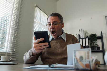 Retired old man is shocked by annual tax, debt, arrears on house, tax concept