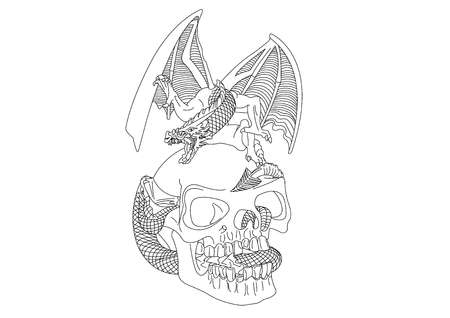 Human skull with a little magic red dragon.のイラスト素材