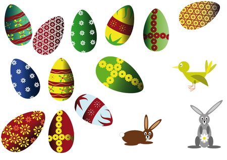 Lots of beautiful large, painted, Easter eggs and the Easter bunny.のイラスト素材