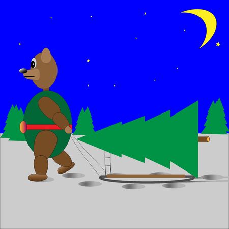 bear Christmas tree on a sled and the moonのイラスト素材