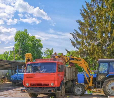 Wheel tractor loading a truck lorry after felling trees