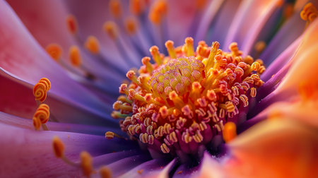 Macro photo of a flower with pollen and stamens.の素材