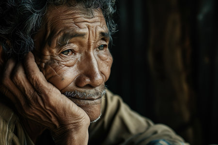 Portrait of an elderly Asian man sitting in the living room.の素材