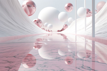 Abstract background with white and pink balls. 3d render illustration.の素材