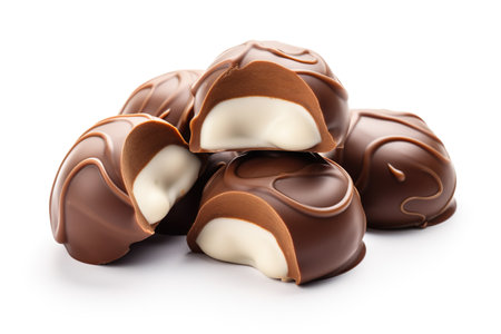 Chocolate candies isolated on white background. Top view. Flat lay.の素材