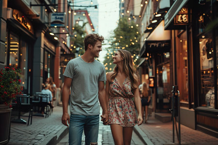 Beautiful young couple is walking in the city. Man and woman are walking in the city.の素材