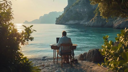 Man sitting at a table and looking at the sea at sunset.の素材