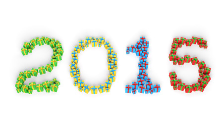 2015 New Year date (number) in the form of holiday colored gift boxes (presents) with ribbons as...