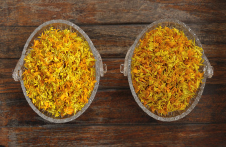 Yellow marigold petal, Tagetes, herbal infusion, herbal tea, Tisanes, Almost dry marigold petal for...