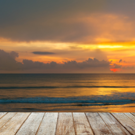 Wood Terrace on The Beach with Sunsetの写真素材