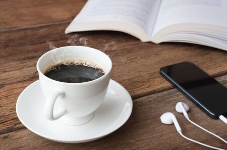 coffee cup on wooden tableの写真素材