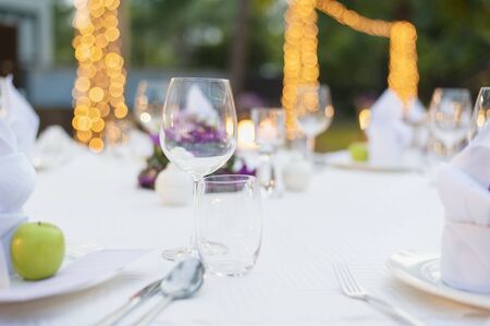 Romantic dinner setting  in gardenの写真素材
