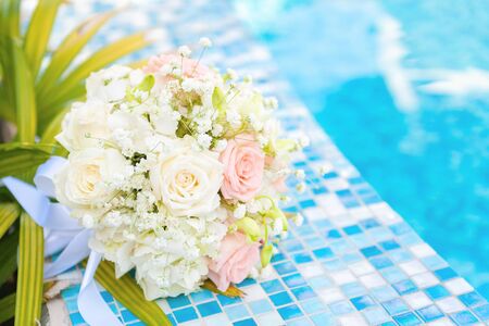 wedding bouquet with pool  backgroundの写真素材