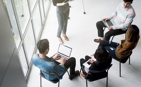 Top view of casual business team people meeting conference discussion corporate in officeの写真素材