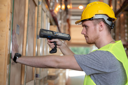 Young man scanning a barcode working in a warehouse. Young caucasian handsome man wearing helmet and reflective jacket working in a warehouse.の写真素材