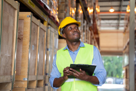 African american man checking stock working in a warehouse. A man wearing helmet and reflective jacket working in a warehouse.の写真素材