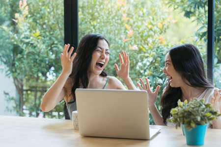 Young two Asian woman celebrating success while working on laptop at home.の写真素材