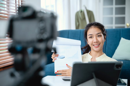 Young Asian business woman holding document meeting with team by video conference discuss online.の写真素材