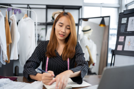 Owner business asian young women fashion designer working on her designer in the showroom.の写真素材