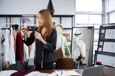 Owner business asian young women fashion designer working on her designer in the showroom.の写真素材