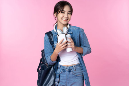 Portrait of young Asian woman student standing with smartphone coffee and backpack.College Teenager University concept.の写真素材