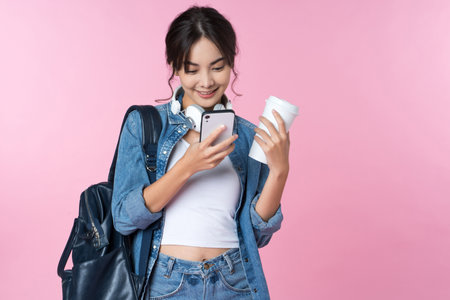 Portrait of young Asian woman student texting message using mobile phone application.College Teenager University concept.の写真素材