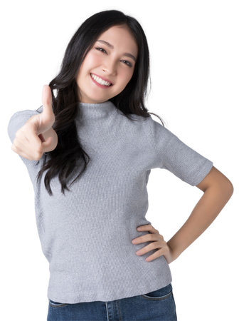 Young Asian woman showing thumbs up sign on hand Isolate die cut on transparent backgroundの写真素材