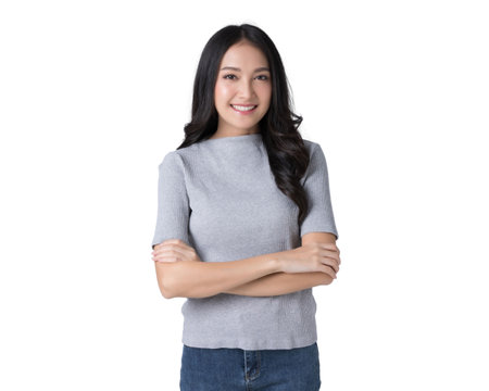 Portrait beautiful Asian woman in sweater and blue jeans Isolate die cut on transparent backgroundの写真素材