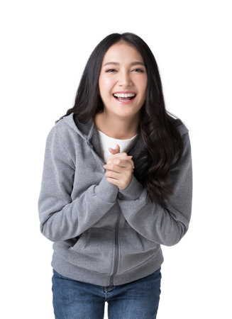 Young Asian cheerful woman making a begging gesture Isolate die cut on transparent backgroundの写真素材