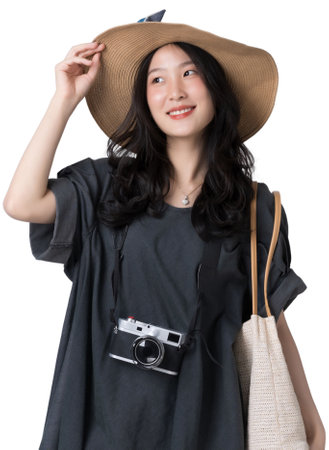 Young Asian woman Wearing a dress with a sun hat travel concept Isolate die cut on transparent backgroundの写真素材