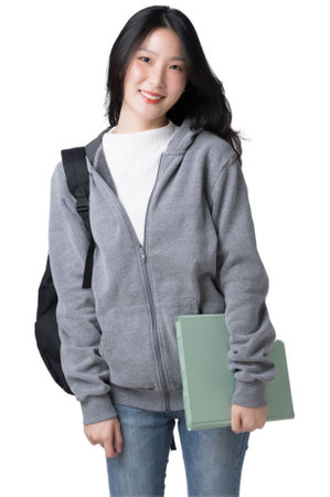 Young Asian girl college student with tablet and backpack Isolate die cut on transparent backgroundの写真素材