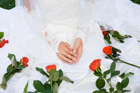 bride's hands and red rosesの写真素材