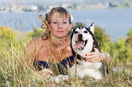 husky with girlの写真素材