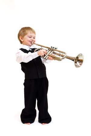 cute little boy with horn isolated on whiteの写真素材