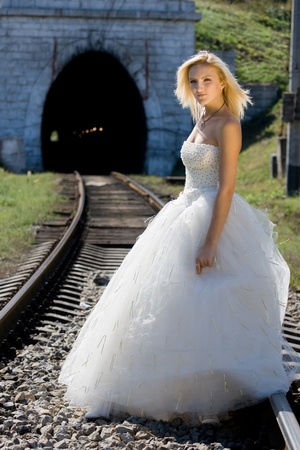 portrait of young beautiful bride in summer outdoorの写真素材