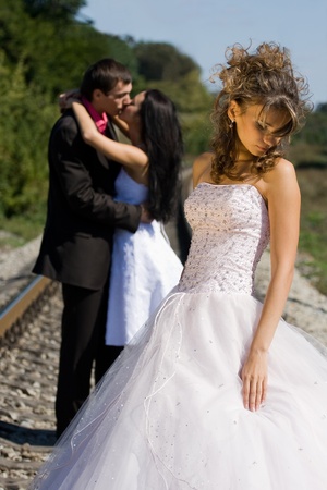portrait of young beautiful bride in summer outdoorの写真素材