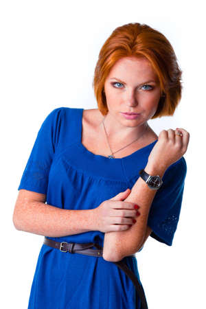 cute model in studio with red hairの写真素材