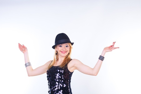 blond hair beautiful woman in black sequin dress on white background